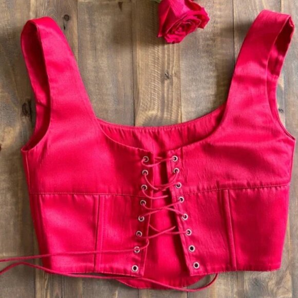 Danielle Guizio Satin Red Lace Up Bustier Corset - Picture 9 of 13